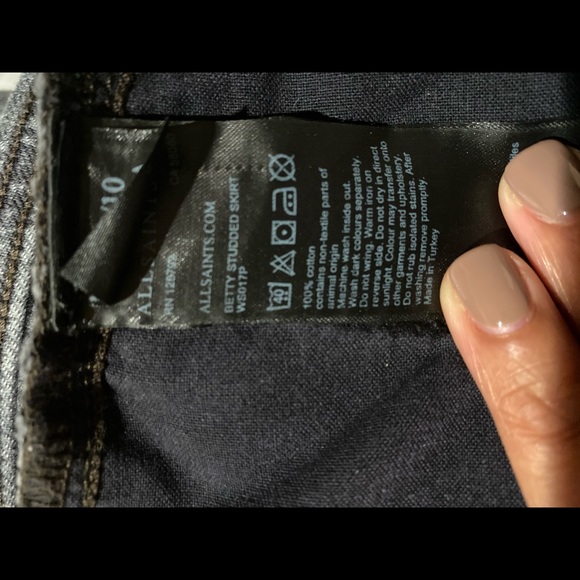 100% Cotton AllSaints Distressed Grey Studded Jean Mini skirt size 10 NYE Party - Picture 10 of 12